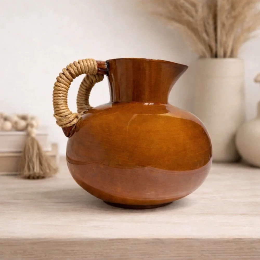Vintage Z Gallerie Vase‎ Sedona Rust Brown Glaze Ceramic Pitcher Woven Hande